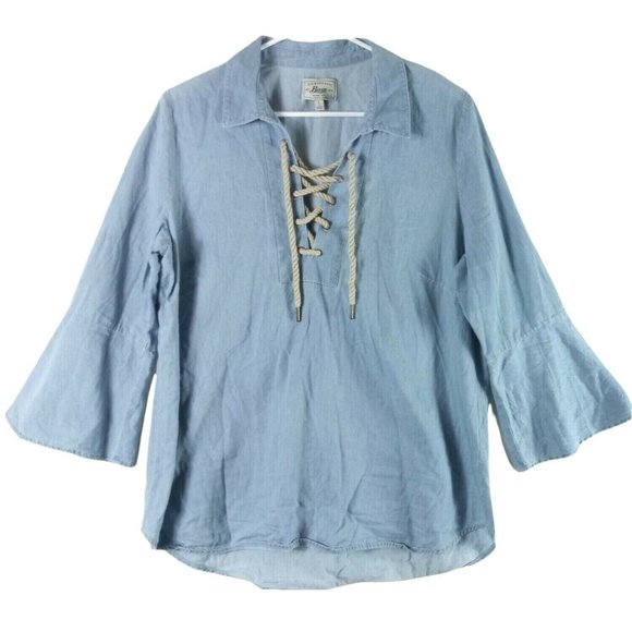 G.H. Bass & Co. Tops - GH Bass & Co. Womens Cotton Knit Blouse Rope Lace Up 3/4 Bell Sleeve Blue Large